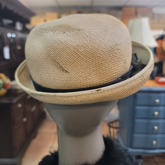 Imported Genuine Panama straw Vintage ladies HAT 40\'s 50\'s Breton roller ribbon main image 7